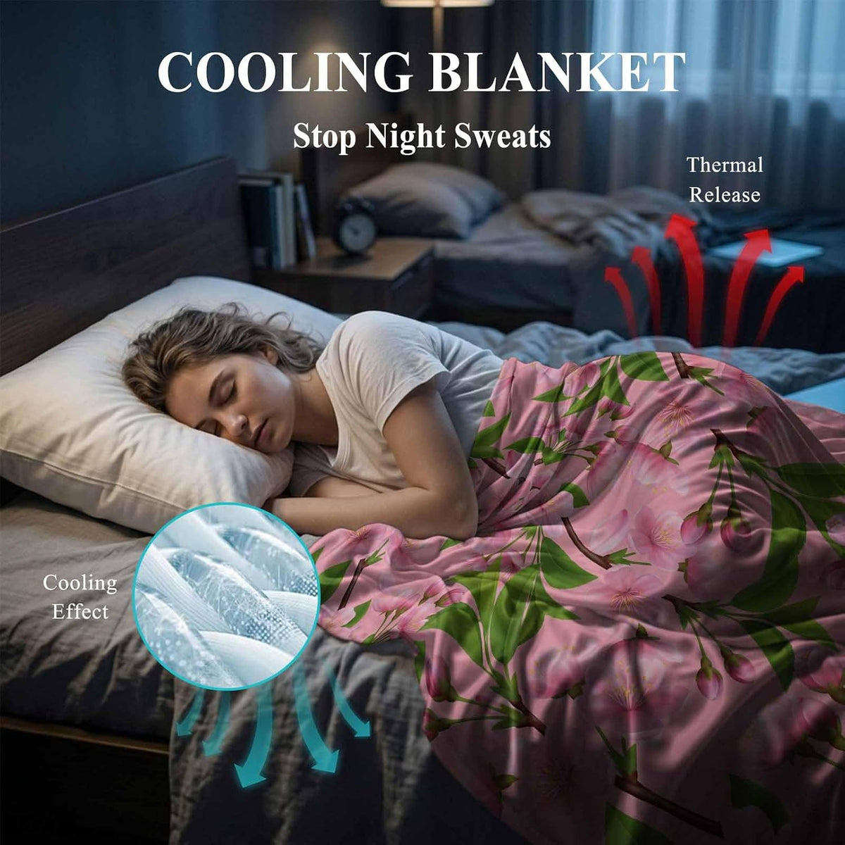 50"x60" Standard Throw Cooling Blanket Spring Flowers Ice Silk Lightweight Breathable Soft Summer Blanket for Hot Sleepers Couch Bed Sofa Camping Peach Blossoms Tree Branches Pink