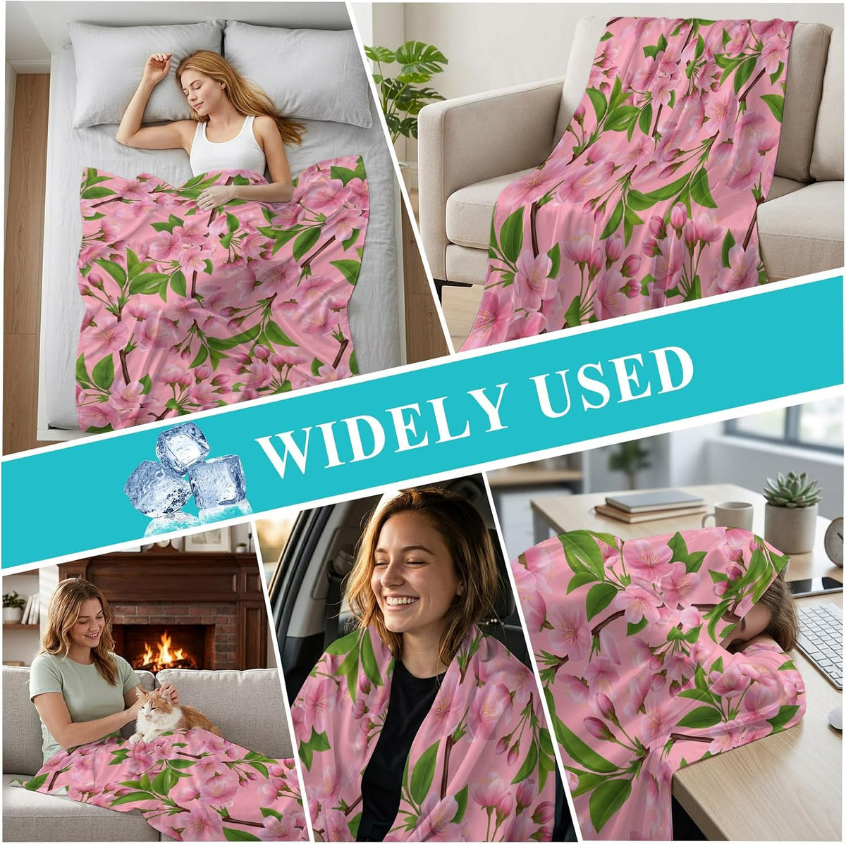 50"x60" Standard Throw Cooling Blanket Spring Flowers Ice Silk Lightweight Breathable Soft Summer Blanket for Hot Sleepers Couch Bed Sofa Camping Peach Blossoms Tree Branches Pink