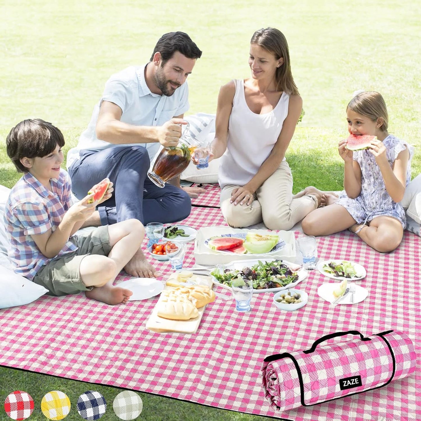 ZAZE Picnic Blanket Waterproof Sandproof, 80''x80'' 3-Layer Cute Compact Extra Large Machine Washable Foldable Beach Mat, Big XL Outdoor Blankets for Spring Summer Camping, Park, Grass(Pink and White)
