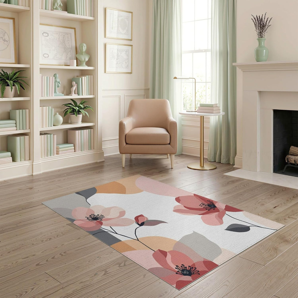 4'x6' Washable Modern Floral Accent Rug, Peach Non-Shedding Small Carpet Pet Friendly & Non-Slip for Playroom, Bedroom, Reading Nook | Ref:2039600