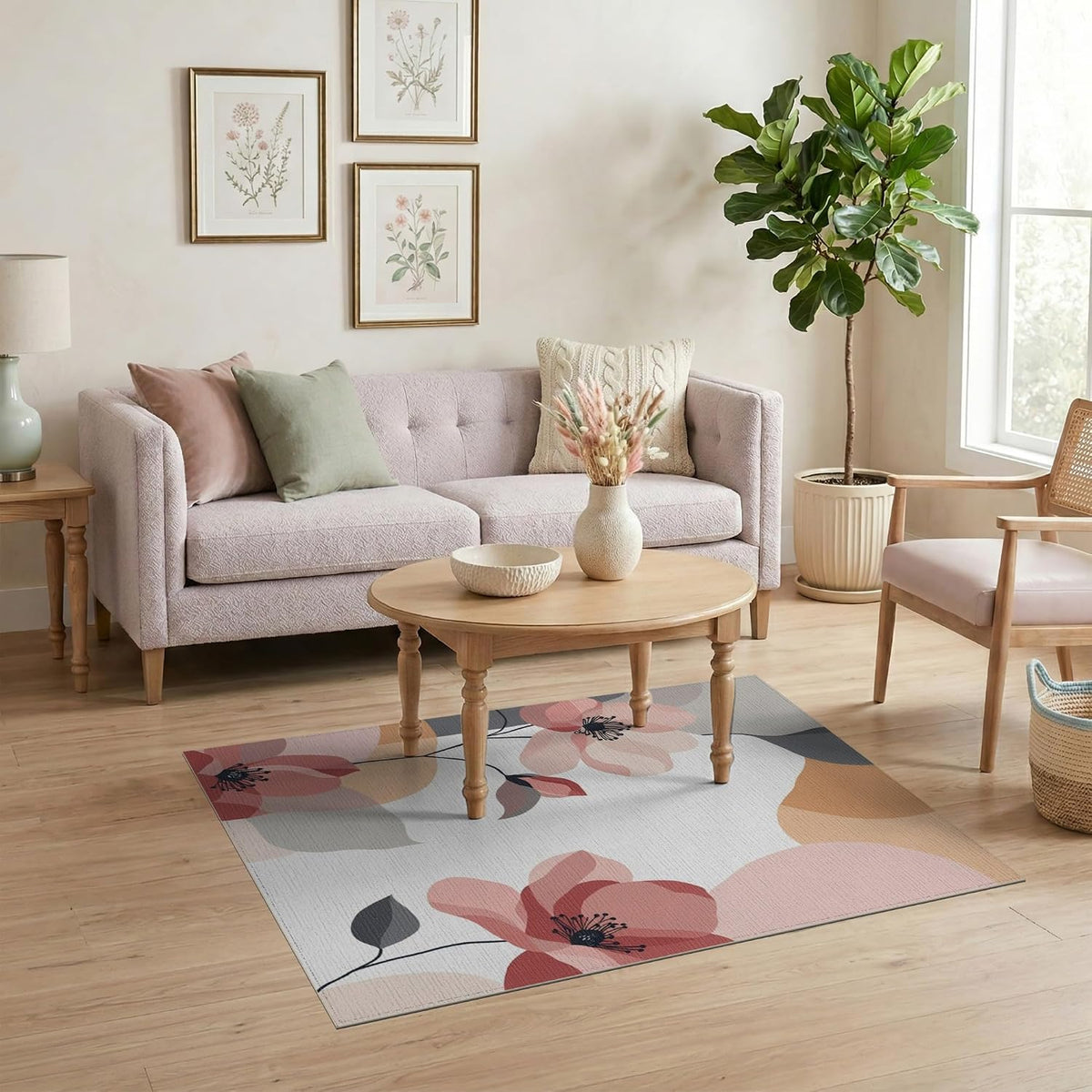 4'x6' Washable Modern Floral Accent Rug, Peach Non-Shedding Small Carpet Pet Friendly & Non-Slip for Playroom, Bedroom, Reading Nook | Ref:2039600