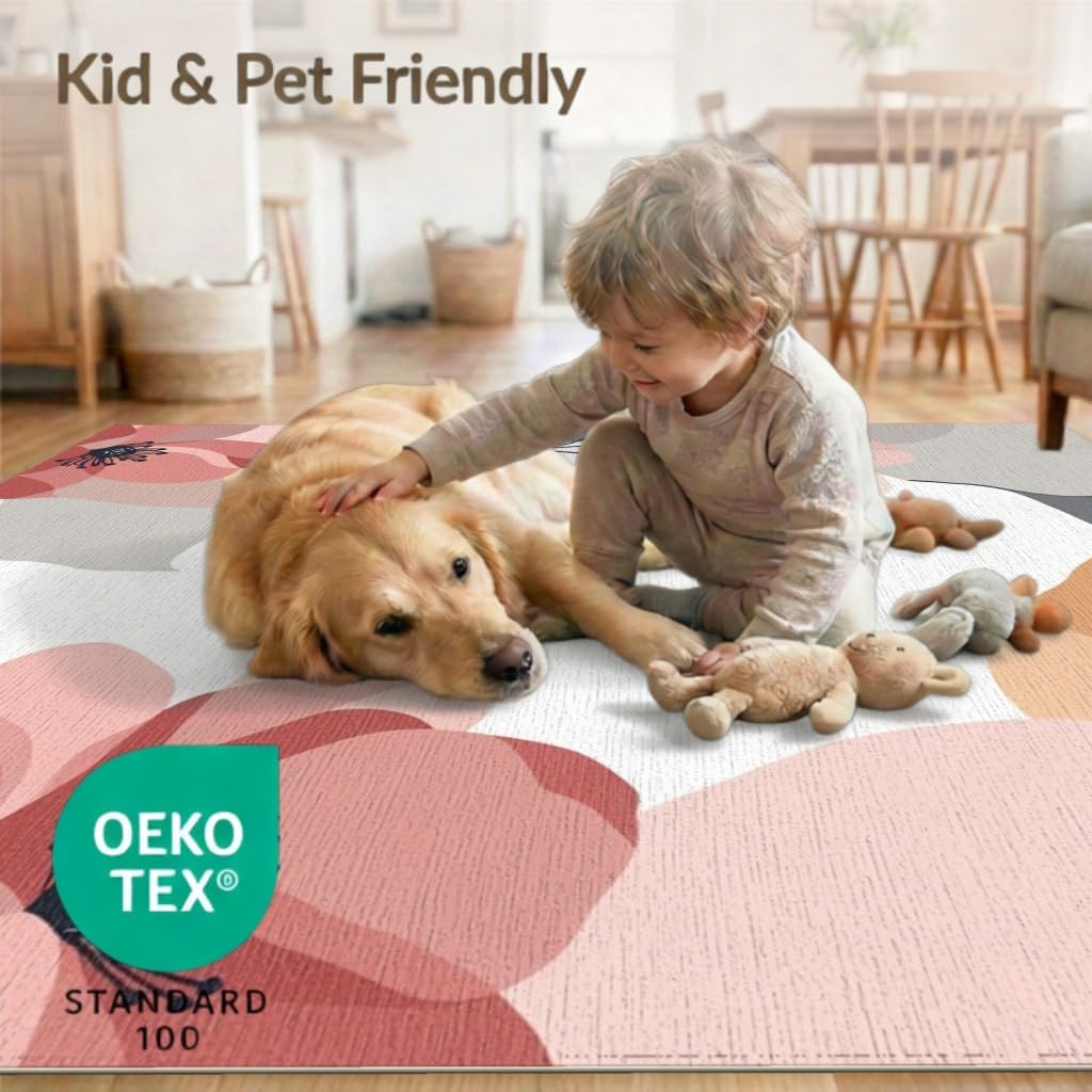 4'x6' Washable Modern Floral Accent Rug, Peach Non-Shedding Small Carpet Pet Friendly & Non-Slip for Playroom, Bedroom, Reading Nook | Ref:2039600
