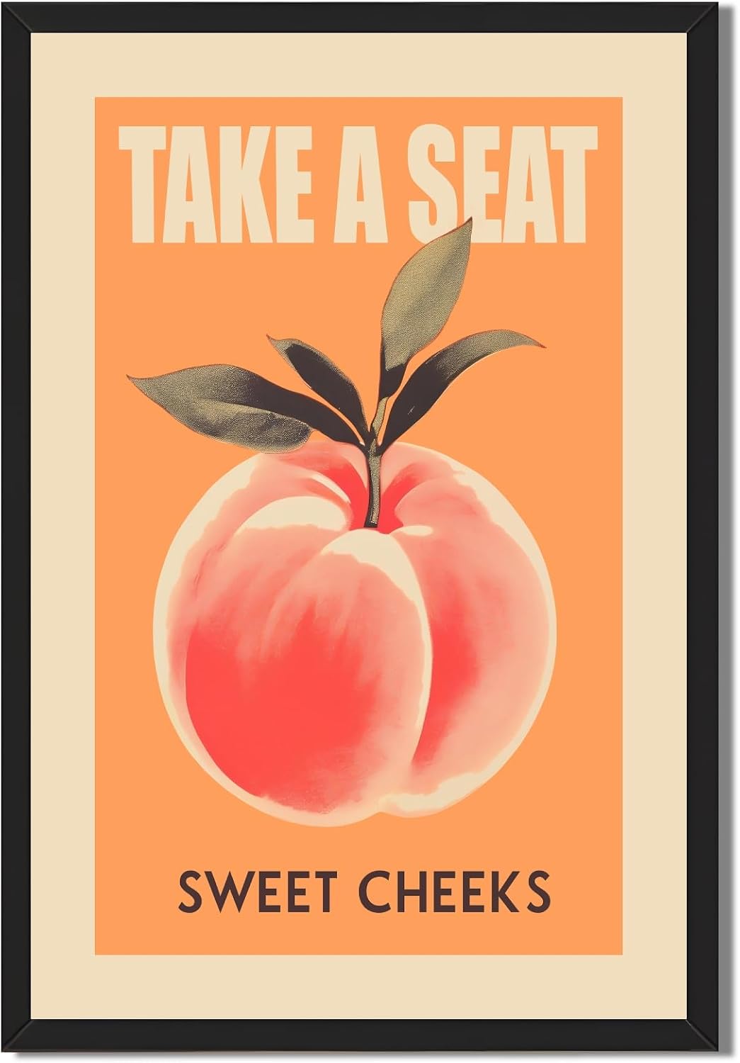 Funny Bathroom Wall Art Peach Bum Canvas Print Take a Seat Sweet Cheeks Poster Retro Pink Orange Bathroom Decor Cute Cheeky Fruit Painting for Toilet Restroom Humor Sign 8x12inch Black Frame