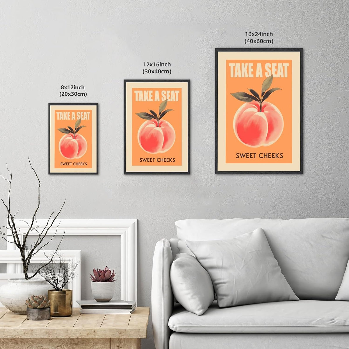Funny Bathroom Wall Art Peach Bum Canvas Print Take a Seat Sweet Cheeks Poster Retro Pink Orange Bathroom Decor Cute Cheeky Fruit Painting for Toilet Restroom Humor Sign 8x12inch Black Frame