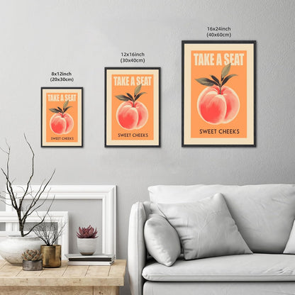 Funny Bathroom Wall Art Peach Bum Canvas Print Take a Seat Sweet Cheeks Poster Retro Pink Orange Bathroom Decor Cute Cheeky Fruit Painting for Toilet Restroom Humor Sign 8x12inch Black Frame