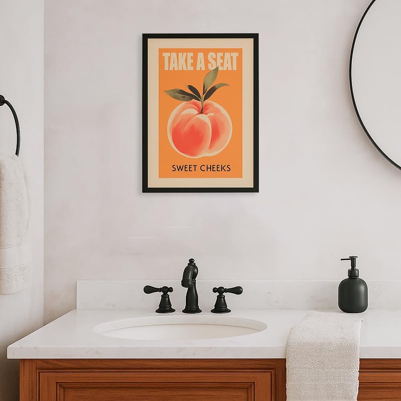 Funny Bathroom Wall Art Peach Bum Canvas Print Take a Seat Sweet Cheeks Poster Retro Pink Orange Bathroom Decor Cute Cheeky Fruit Painting for Toilet Restroom Humor Sign 8x12inch Black Frame