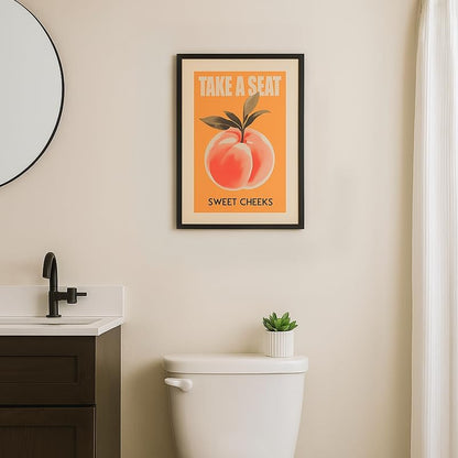 Funny Bathroom Wall Art Peach Bum Canvas Print Take a Seat Sweet Cheeks Poster Retro Pink Orange Bathroom Decor Cute Cheeky Fruit Painting for Toilet Restroom Humor Sign 8x12inch Black Frame
