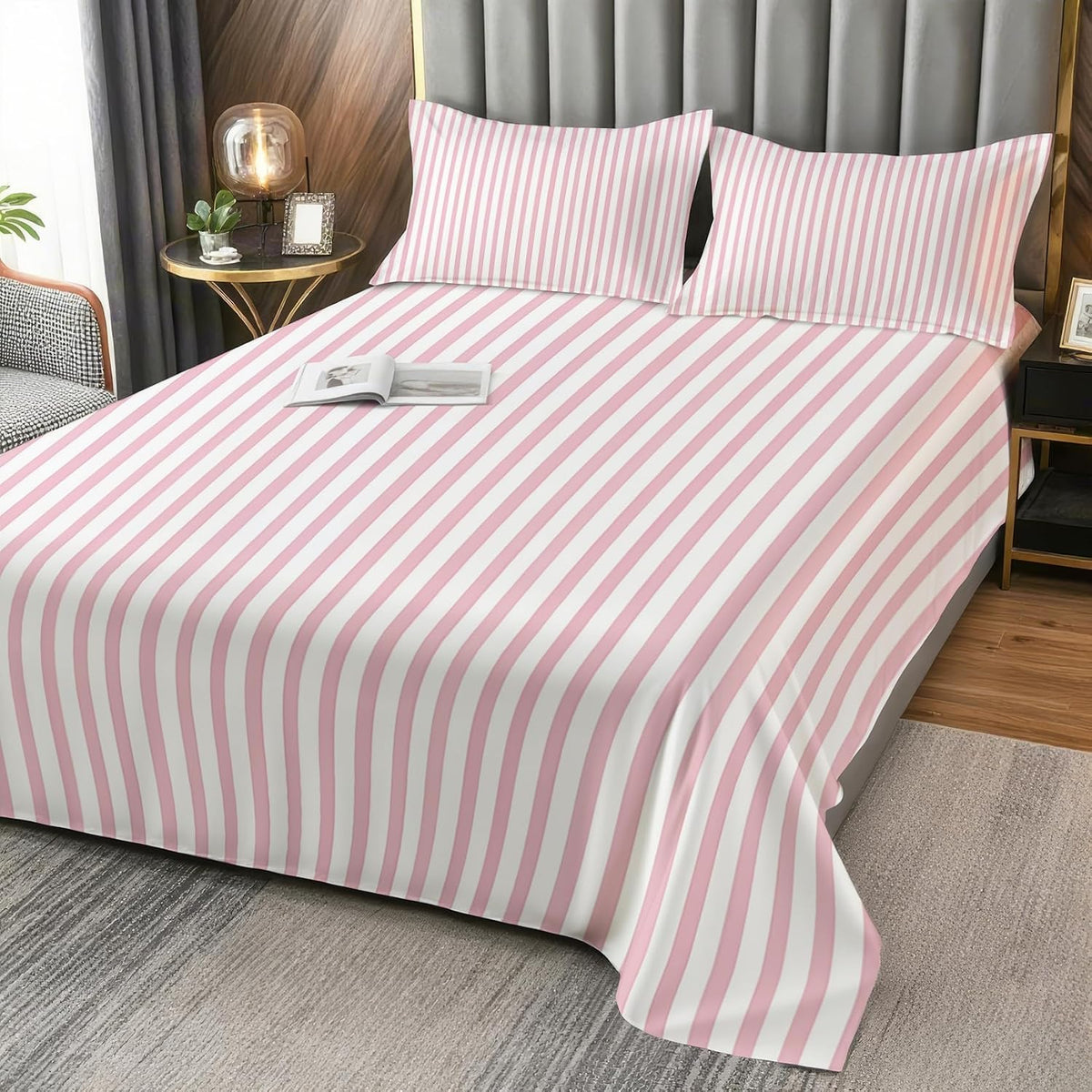Striped Sheets Queen Size - Pink and White Stripe Bed Sheet Set - Deep Pocket Soft Microfiber Bedding Set 4 Piece - Fitted Flat Sheet Pillowcases - Striped Bedroom Decor & Gifts