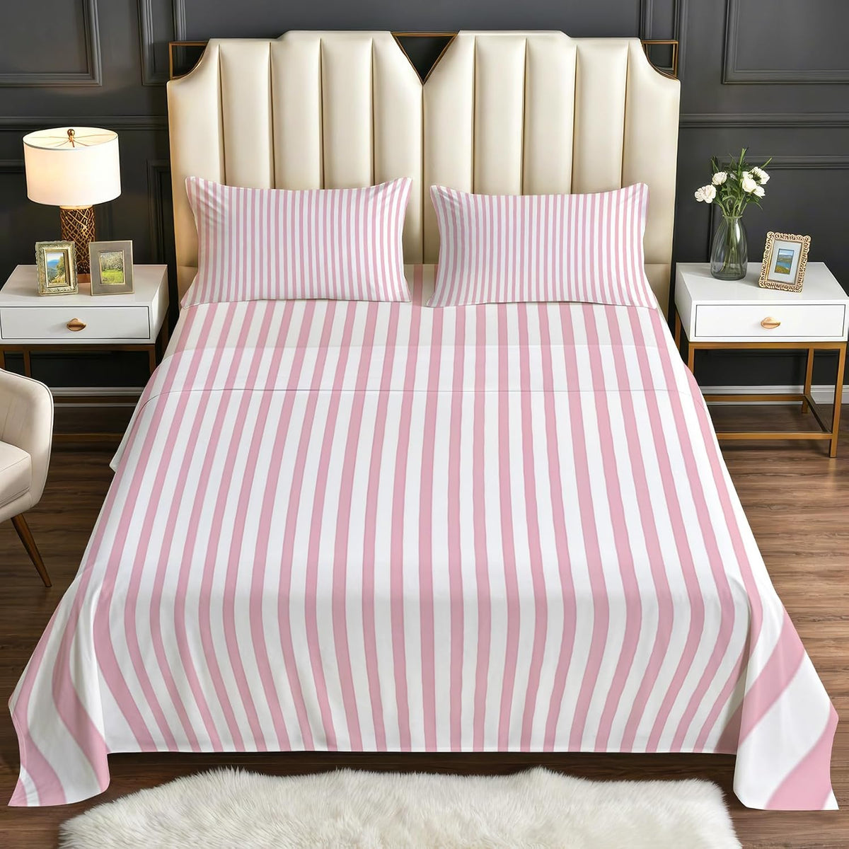 Striped Sheets Queen Size - Pink and White Stripe Bed Sheet Set - Deep Pocket Soft Microfiber Bedding Set 4 Piece - Fitted Flat Sheet Pillowcases - Striped Bedroom Decor & Gifts