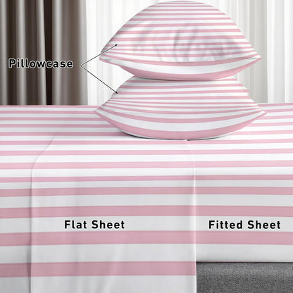 Striped Sheets Queen Size - Pink and White Stripe Bed Sheet Set - Deep Pocket Soft Microfiber Bedding Set 4 Piece - Fitted Flat Sheet Pillowcases - Striped Bedroom Decor & Gifts