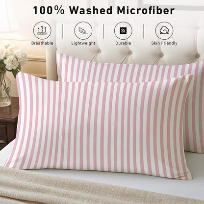 Striped Sheets Queen Size - Pink and White Stripe Bed Sheet Set - Deep Pocket Soft Microfiber Bedding Set 4 Piece - Fitted Flat Sheet Pillowcases - Striped Bedroom Decor & Gifts