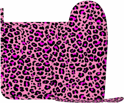Pink Leopard Skin Pattern Heat-Resistant Oven Mitts and Pot Holder Animal Color Dots Skin Luxury Nature Fur Kitchen Non-Slip Cooking Microwave Gloves for Cooking Baking Grilling