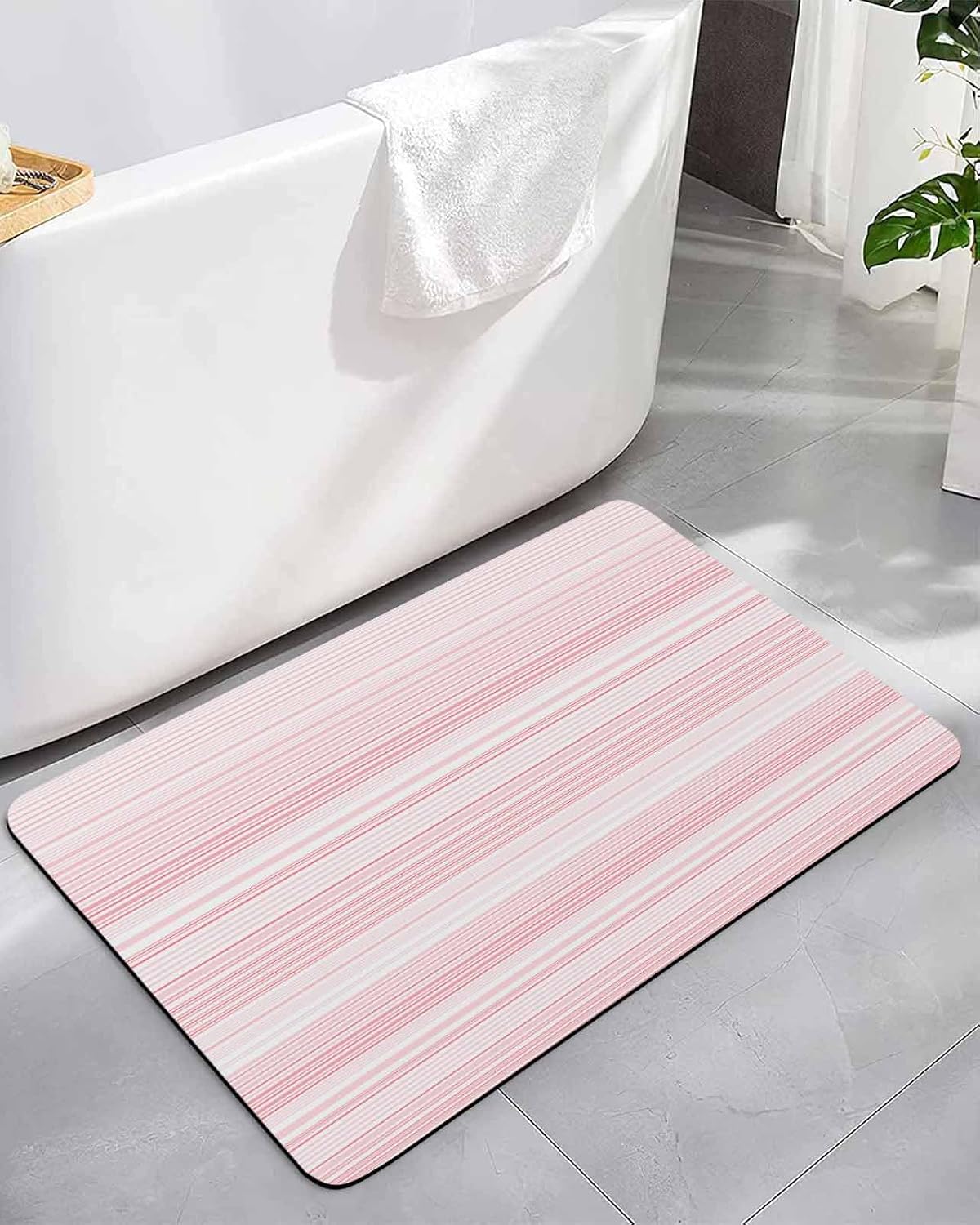 Pink Pinstripes Bath Mat for Tub,Monochrome Modern Geometric Striped Non Slip Bathroom Floor Runner Rug Quick Dry & Absorbent Diatomaceous Earth Shower Sink Bedroom Kitchen Living Room Doormat 16"x24"