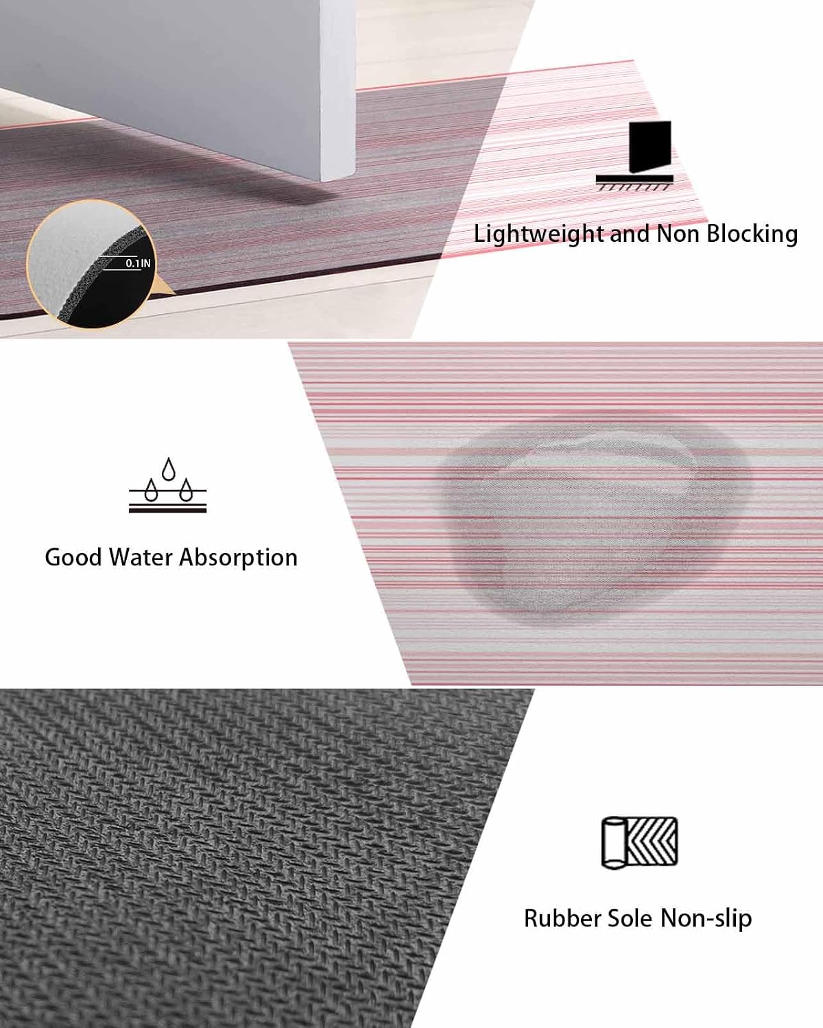 Pink Pinstripes Bath Mat for Tub,Monochrome Modern Geometric Striped Non Slip Bathroom Floor Runner Rug Quick Dry & Absorbent Diatomaceous Earth Shower Sink Bedroom Kitchen Living Room Doormat 16"x24"