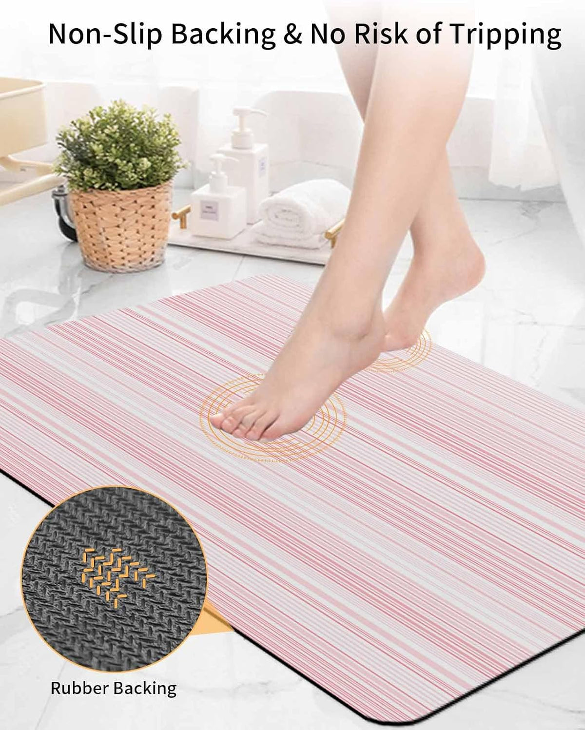 Pink Pinstripes Bath Mat for Tub,Monochrome Modern Geometric Striped Non Slip Bathroom Floor Runner Rug Quick Dry & Absorbent Diatomaceous Earth Shower Sink Bedroom Kitchen Living Room Doormat 16"x24"