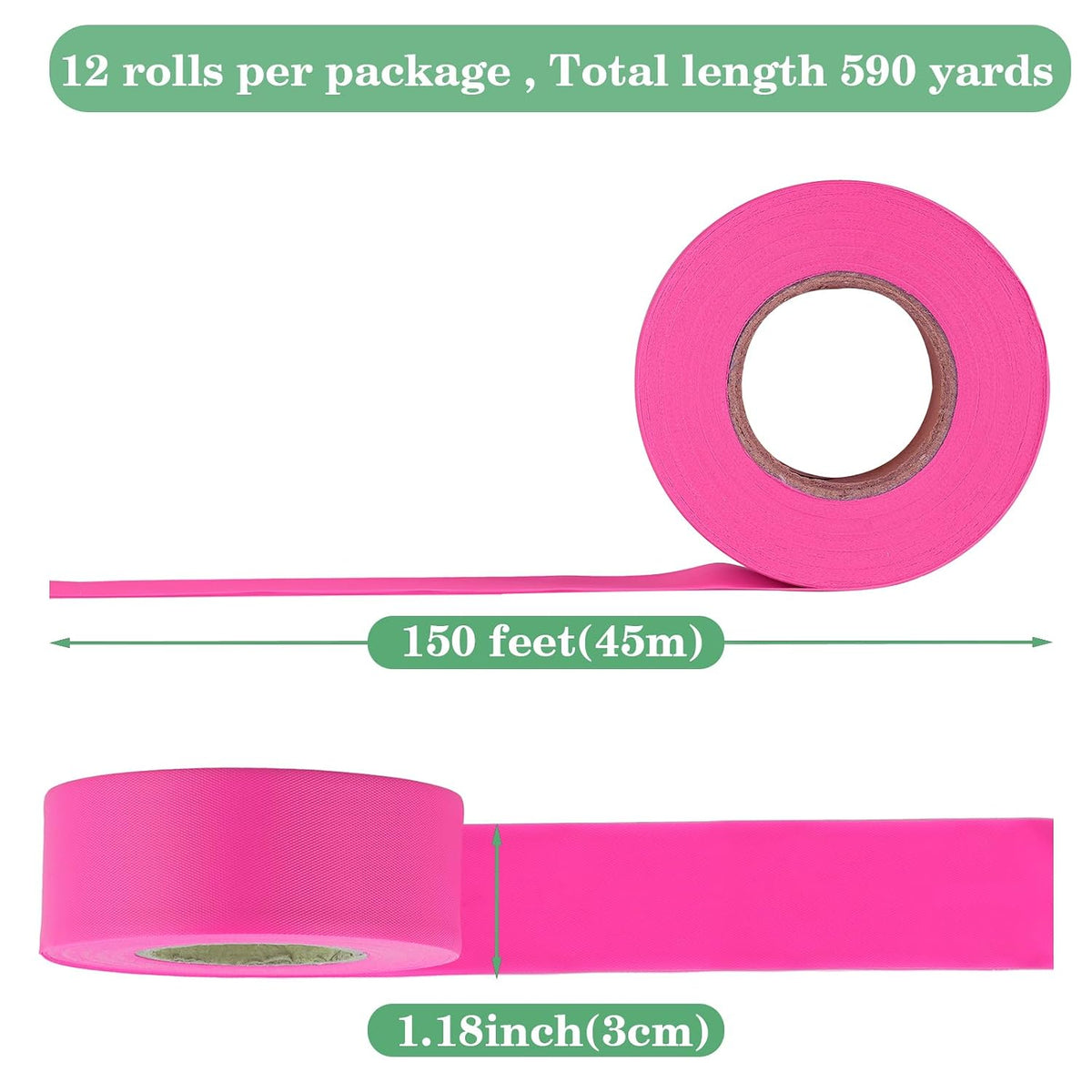 12 Pack Fluorescent Pink Flagging Tape, 1-3/16 in. x 150 ft