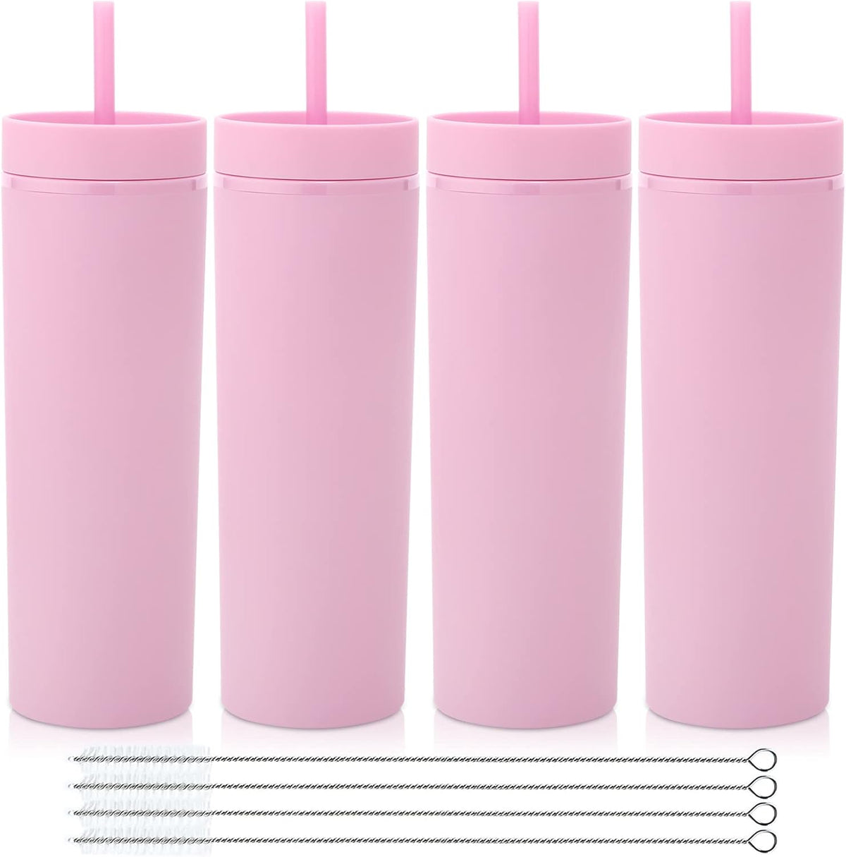 Volhoply 20oz Plastic Skinny Tumblers Bulk 4 Pack,Double Wall Tumbler with Lid and Straw,Reusable Travel Iced Coffee Mug,BPA Free Matte Acrylic Water Cups With Straw for Party,DIY Gifts(Pink, 4 Set)
