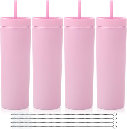 Volhoply 20oz Plastic Skinny Tumblers Bulk 4 Pack,Double Wall Tumbler with Lid and Straw,Reusable Travel Iced Coffee Mug,BPA Free Matte Acrylic Water Cups With Straw for Party,DIY Gifts(Pink, 4 Set)