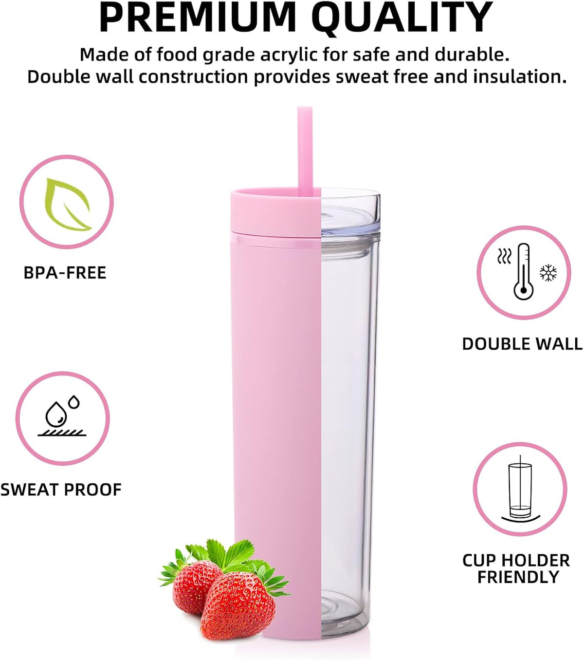 Volhoply 20oz Plastic Skinny Tumblers Bulk 4 Pack,Double Wall Tumbler with Lid and Straw,Reusable Travel Iced Coffee Mug,BPA Free Matte Acrylic Water Cups With Straw for Party,DIY Gifts(Pink, 4 Set)