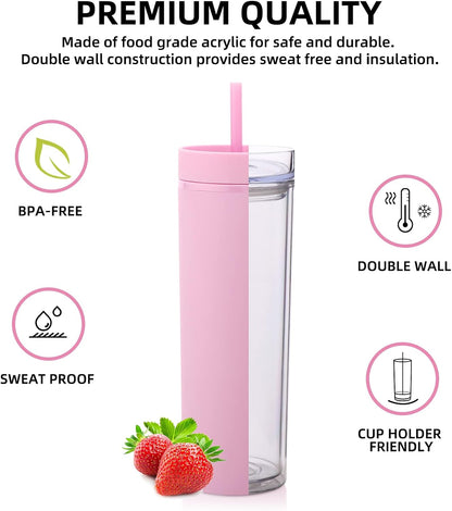 Volhoply 20oz Plastic Skinny Tumblers Bulk 4 Pack,Double Wall Tumbler with Lid and Straw,Reusable Travel Iced Coffee Mug,BPA Free Matte Acrylic Water Cups With Straw for Party,DIY Gifts(Pink, 4 Set)