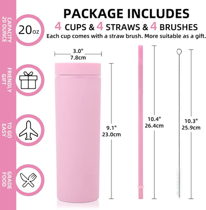 Volhoply 20oz Plastic Skinny Tumblers Bulk 4 Pack,Double Wall Tumbler with Lid and Straw,Reusable Travel Iced Coffee Mug,BPA Free Matte Acrylic Water Cups With Straw for Party,DIY Gifts(Pink, 4 Set)