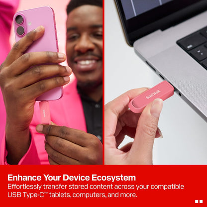 256GB Phone Drive with USB Type-C - for Smartphones, Tablets, and Computers - Up to 150MB/s, USB 3.2 Gen 1 - Seastar Pink - SDIXS0N-256G-GN6NG
