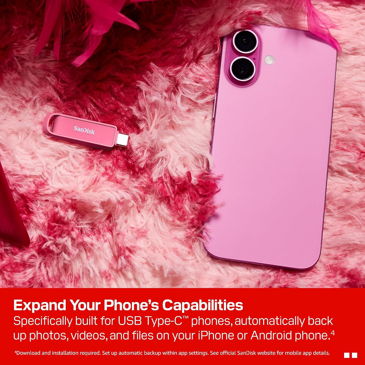 256GB Phone Drive with USB Type-C - for Smartphones, Tablets, and Computers - Up to 150MB/s, USB 3.2 Gen 1 - Seastar Pink - SDIXS0N-256G-GN6NG