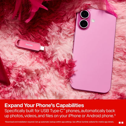 256GB Phone Drive with USB Type-C - for Smartphones, Tablets, and Computers - Up to 150MB/s, USB 3.2 Gen 1 - Seastar Pink - SDIXS0N-256G-GN6NG