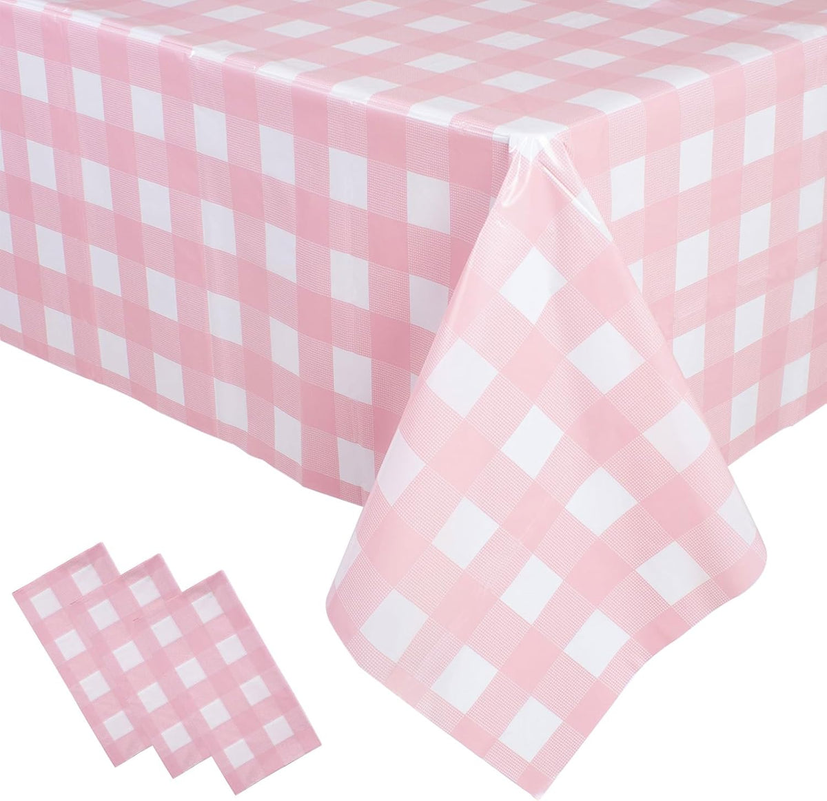 3 Packs Pink Gingham Tablecloth 54 x 108 Inches Pink and White Checkered Disposable Plastic Waterproof Picnic Table Cover for Camping and Birthday Party Supplies