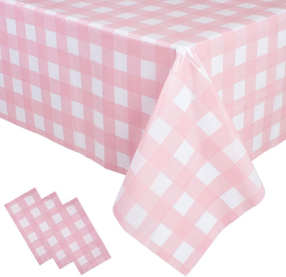 3 Packs Pink Gingham Tablecloth 54 x 108 Inches Pink and White Checkered Disposable Plastic Waterproof Picnic Table Cover for Camping and Birthday Party Supplies