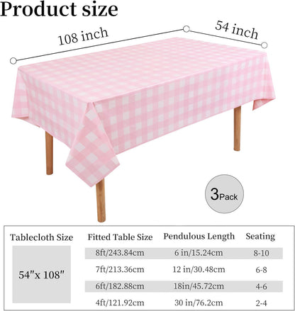 3 Packs Pink Gingham Tablecloth 54 x 108 Inches Pink and White Checkered Disposable Plastic Waterproof Picnic Table Cover for Camping and Birthday Party Supplies