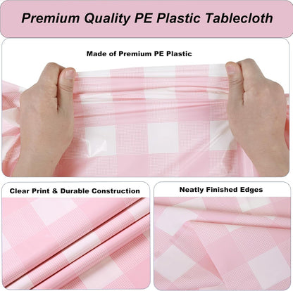 3 Packs Pink Gingham Tablecloth 54 x 108 Inches Pink and White Checkered Disposable Plastic Waterproof Picnic Table Cover for Camping and Birthday Party Supplies
