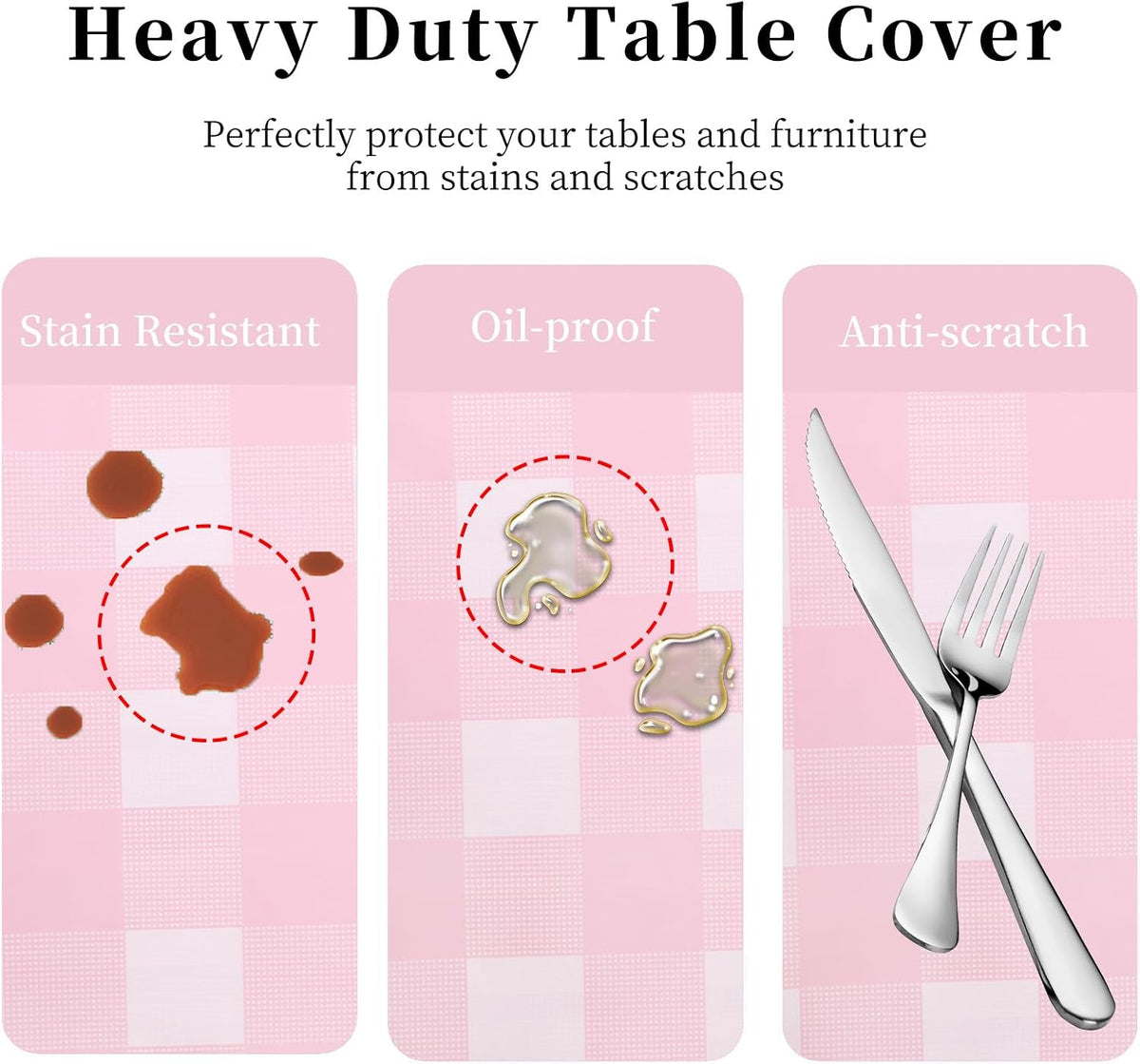 3 Packs Pink Gingham Tablecloth 54 x 108 Inches Pink and White Checkered Disposable Plastic Waterproof Picnic Table Cover for Camping and Birthday Party Supplies