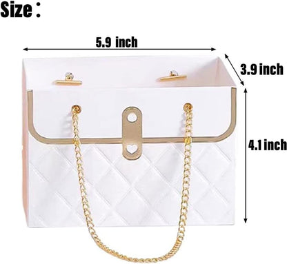 4 PCS Flower Paper Gift Box, Bouquet Storage Bucket Florist Handbag with Metal Chain, Gift Craft Wrap Bag for Wedding Party Valentine's Day Birthday Mother's Day Bridal Shower Gift Wrap Bags (White Pink)
