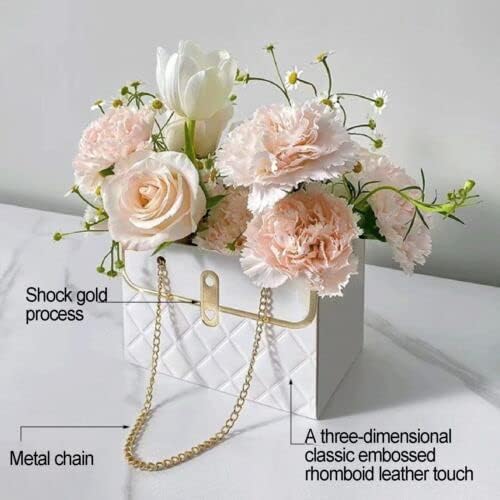 4 PCS Flower Paper Gift Box, Bouquet Storage Bucket Florist Handbag with Metal Chain, Gift Craft Wrap Bag for Wedding Party Valentine's Day Birthday Mother's Day Bridal Shower Gift Wrap Bags (White Pink)