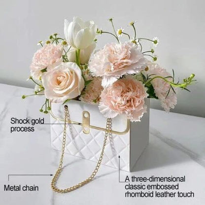 4 PCS Flower Paper Gift Box, Bouquet Storage Bucket Florist Handbag with Metal Chain, Gift Craft Wrap Bag for Wedding Party Valentine's Day Birthday Mother's Day Bridal Shower Gift Wrap Bags (White Pink)