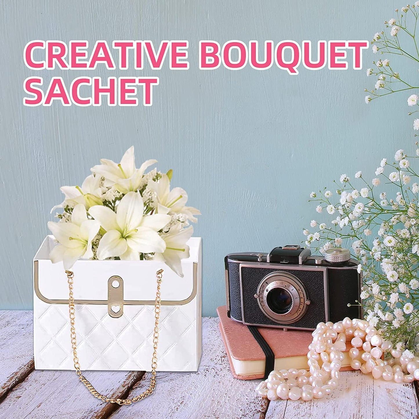 4 PCS Flower Paper Gift Box, Bouquet Storage Bucket Florist Handbag with Metal Chain, Gift Craft Wrap Bag for Wedding Party Valentine's Day Birthday Mother's Day Bridal Shower Gift Wrap Bags (White Pink)