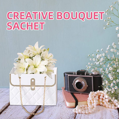 4 PCS Flower Paper Gift Box, Bouquet Storage Bucket Florist Handbag with Metal Chain, Gift Craft Wrap Bag for Wedding Party Valentine's Day Birthday Mother's Day Bridal Shower Gift Wrap Bags (White Pink)