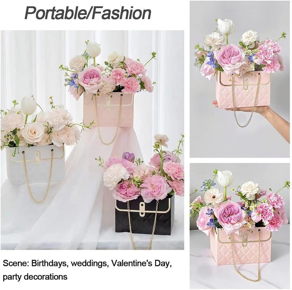 4 PCS Flower Paper Gift Box, Bouquet Storage Bucket Florist Handbag with Metal Chain, Gift Craft Wrap Bag for Wedding Party Valentine's Day Birthday Mother's Day Bridal Shower Gift Wrap Bags (White Pink)