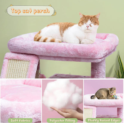 Small Pink Cat Tree for Indoor Cats, Cute Cat Tower with Perch, Condo, House and Stable Stand for Kittens & Adult Pets（Pink）
