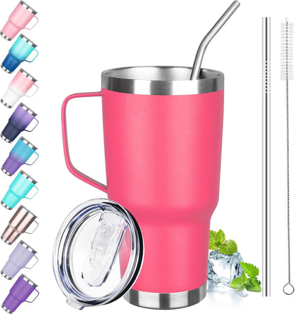 30 oz Tumbler with Handle, Stainless Steel Insulated Tumbler with Lid and Straw, Double Wall Vacuum Coffee Mug Tumbler, Insulated Coffee Thermal Cup for Cold and Hot (Peach Pink)