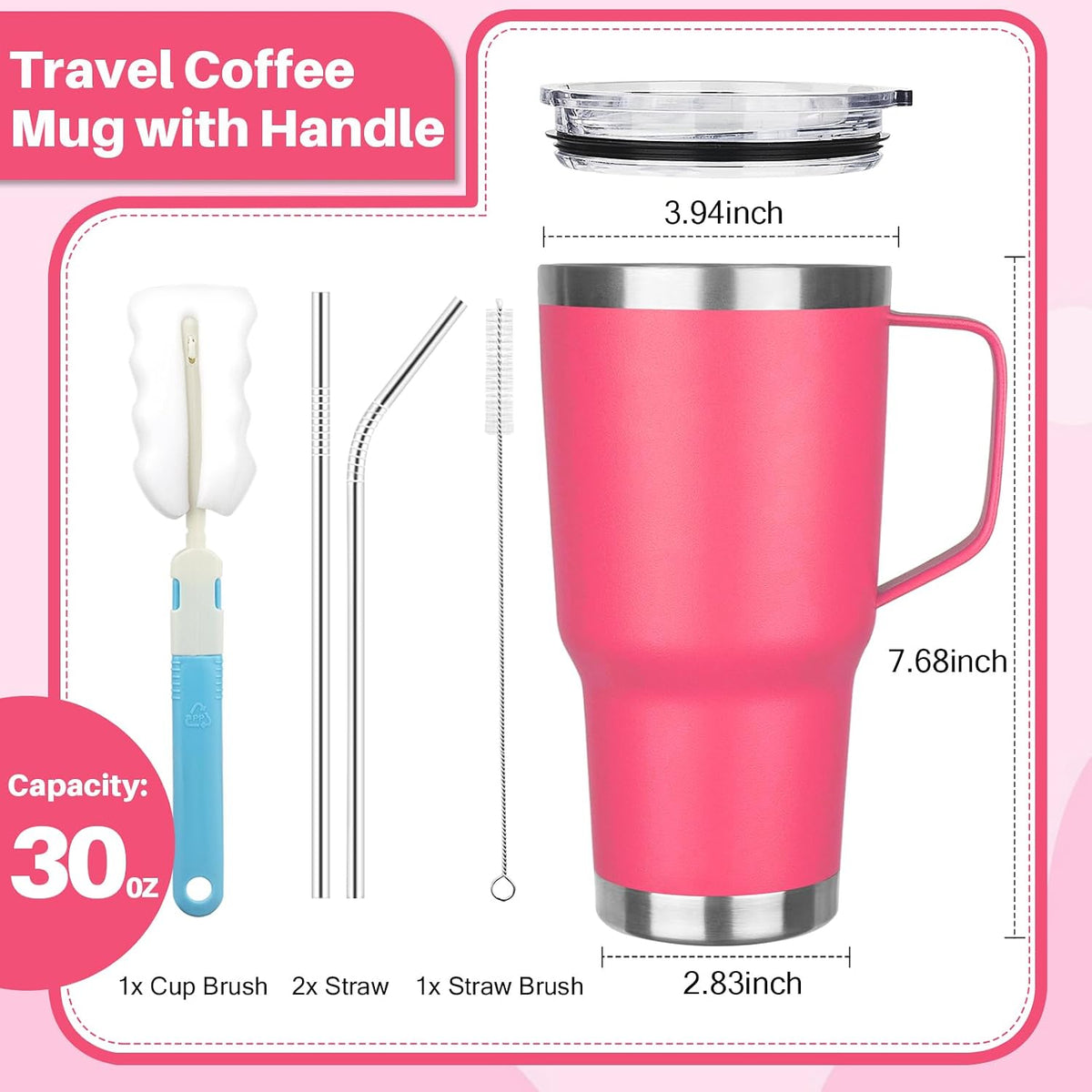 30 oz Tumbler with Handle, Stainless Steel Insulated Tumbler with Lid and Straw, Double Wall Vacuum Coffee Mug Tumbler, Insulated Coffee Thermal Cup for Cold and Hot (Peach Pink)