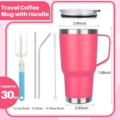 30 oz Tumbler with Handle, Stainless Steel Insulated Tumbler with Lid and Straw, Double Wall Vacuum Coffee Mug Tumbler, Insulated Coffee Thermal Cup for Cold and Hot (Peach Pink)