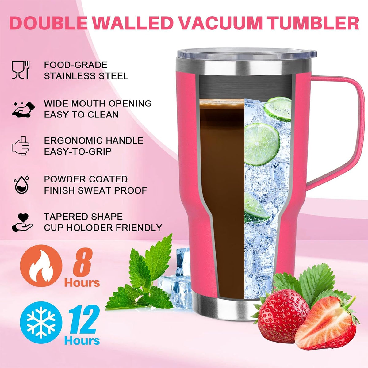 30 oz Tumbler with Handle, Stainless Steel Insulated Tumbler with Lid and Straw, Double Wall Vacuum Coffee Mug Tumbler, Insulated Coffee Thermal Cup for Cold and Hot (Peach Pink)