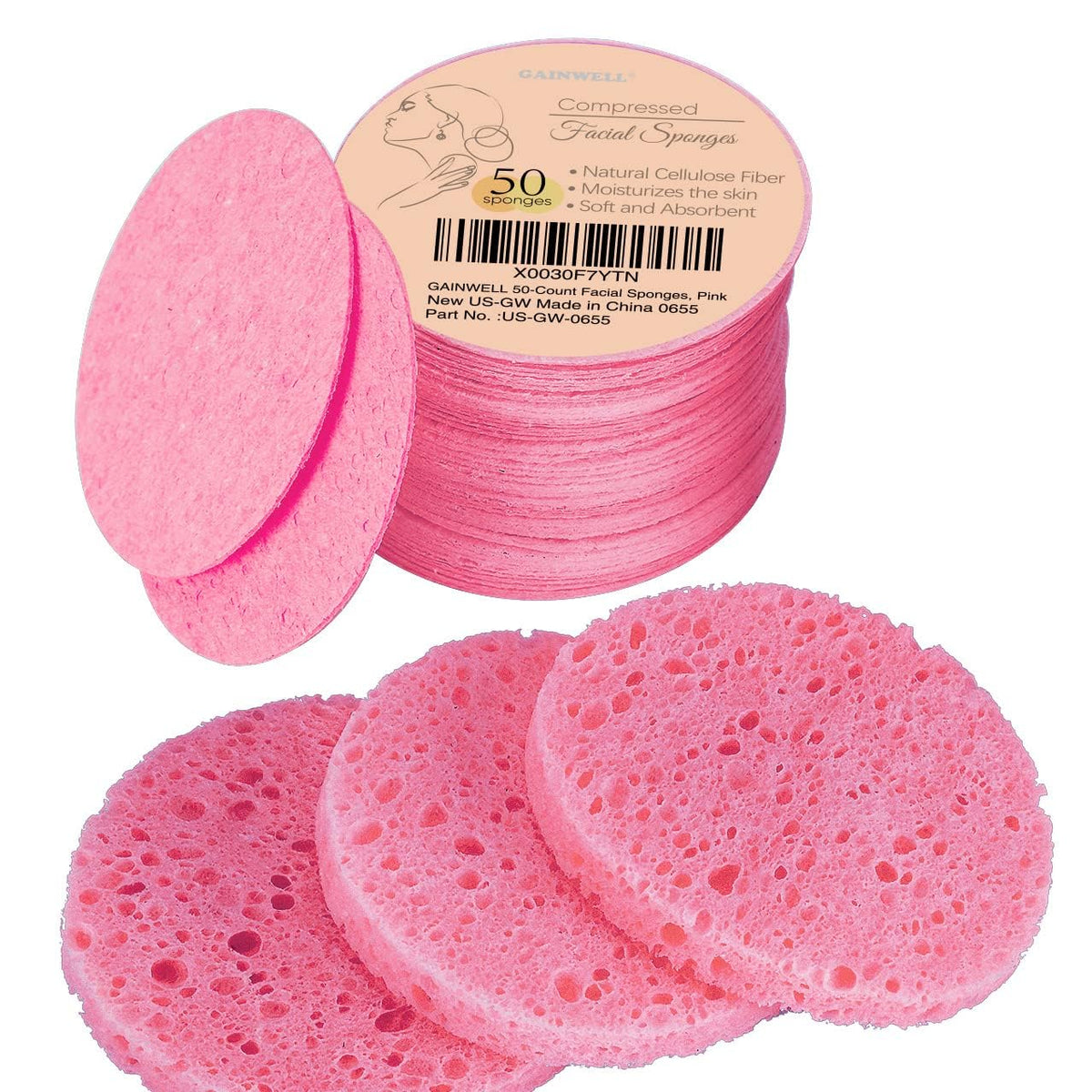 50-Count Compressed Facial Sponge for Daily Facial Cleansing and Exfoliating, 100％ Natural Cosmetic Spa Sponges for Makeup Remover, Reusable, Pink