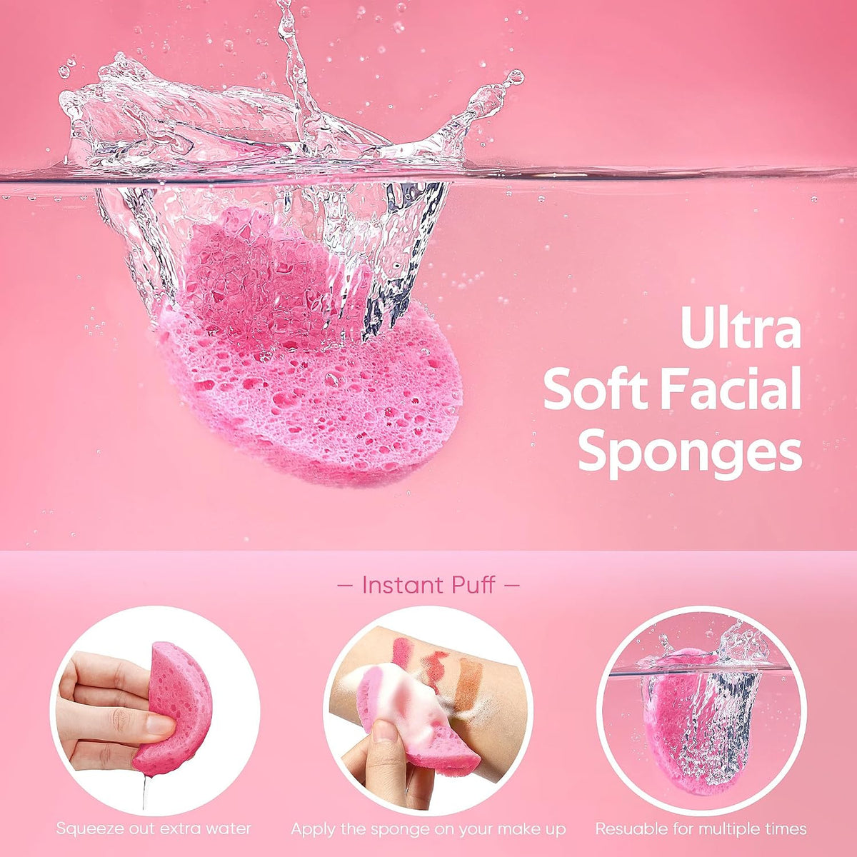 50-Count Compressed Facial Sponge for Daily Facial Cleansing and Exfoliating, 100％ Natural Cosmetic Spa Sponges for Makeup Remover, Reusable, Pink