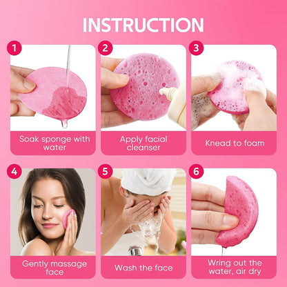 50-Count Compressed Facial Sponge for Daily Facial Cleansing and Exfoliating, 100％ Natural Cosmetic Spa Sponges for Makeup Remover, Reusable, Pink