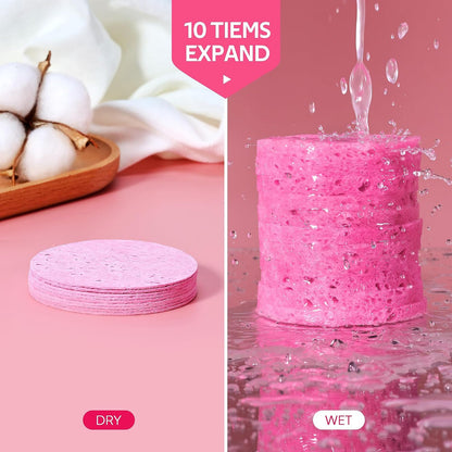 50-Count Compressed Facial Sponge for Daily Facial Cleansing and Exfoliating, 100％ Natural Cosmetic Spa Sponges for Makeup Remover, Reusable, Pink