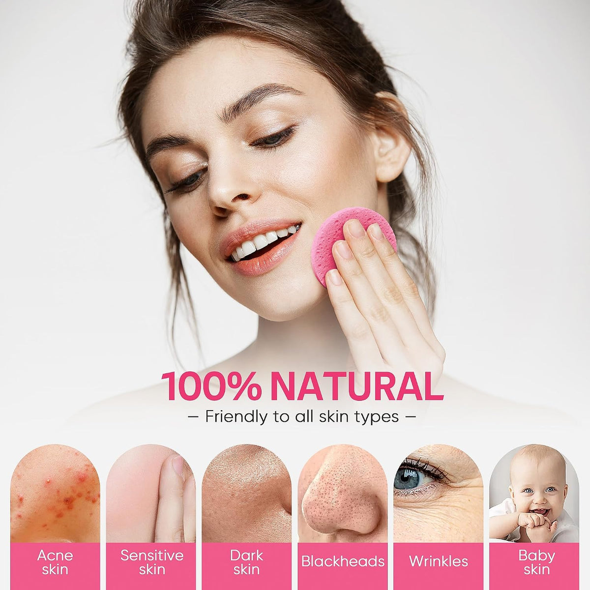 50-Count Compressed Facial Sponge for Daily Facial Cleansing and Exfoliating, 100％ Natural Cosmetic Spa Sponges for Makeup Remover, Reusable, Pink