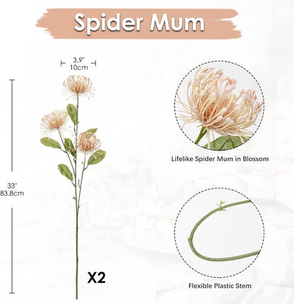 33" Pink Artificial Mums Flowers Sping Summer Chrysanthemum Flowers 2Pcs Fake Spider Mum Flower Arrangement Faux Pincushion Flower with 3 Heads Long Stem Bouquet Home Decor